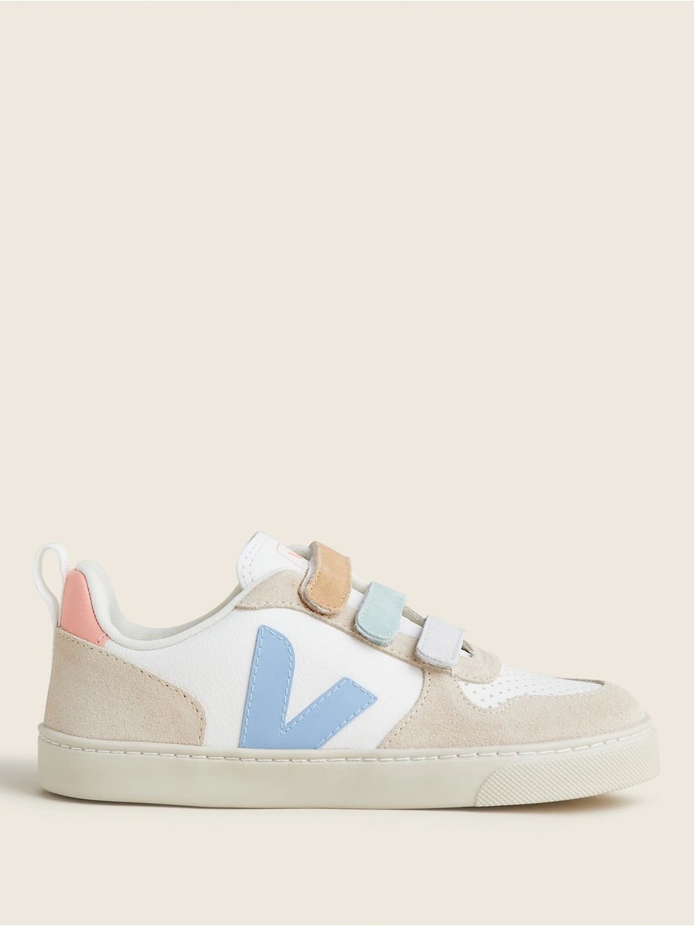 Veja Kids V10 Velcro leather and suede Sneakers in Beige, Blue & Coral Accent